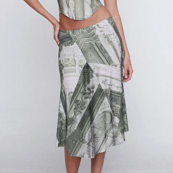 MIAOU Mila emblem print skirt midi knee length green white NWOT S - Picture 1 of 11
